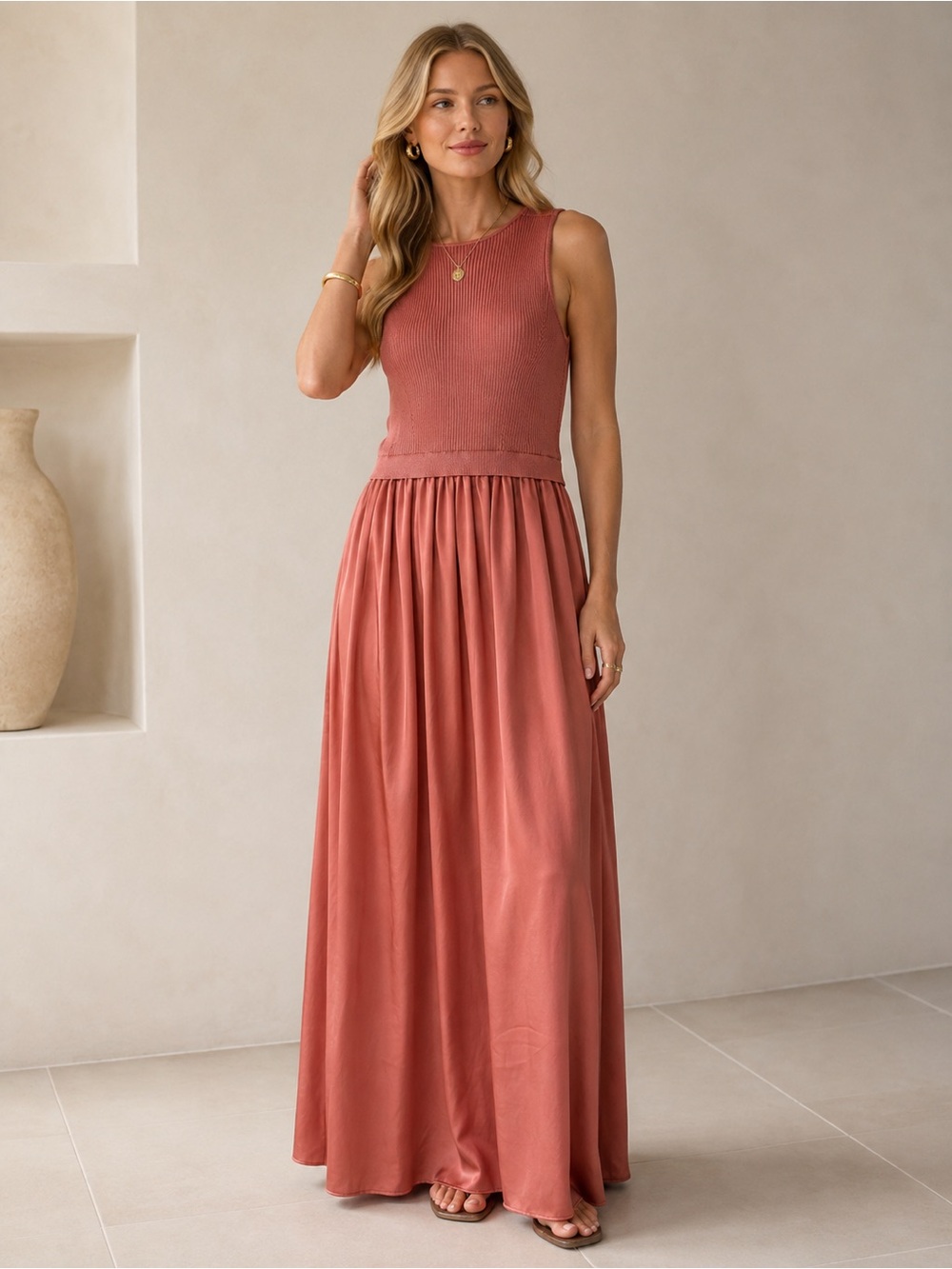 Taylor Mixed Media Ribbed Knit Satin Maxi Dress XS Rust Rose NWT